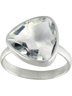 Natural-faceted Crystal Quartz Gemstone Trillion Shape Silver Faceted Ring